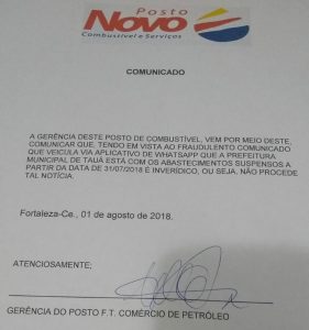 Posto de combustíveis nega débito da Prefeitura de Tauá