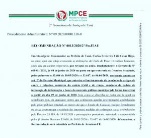 Ministério Público Recomenda ao prefeito de Tauá que revogue Decreto de Flexibilização