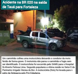 Tauá – Motociclista fica ferido gravemente em acidente na BR 020